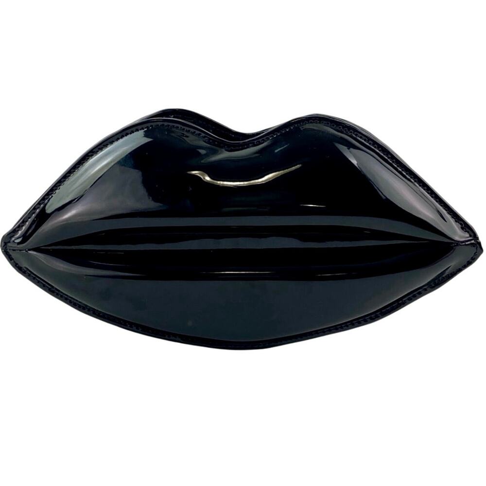Black Patent Faux Leather Vegan Zip Chain Crossbody Lip Purse Clutch Bag OS